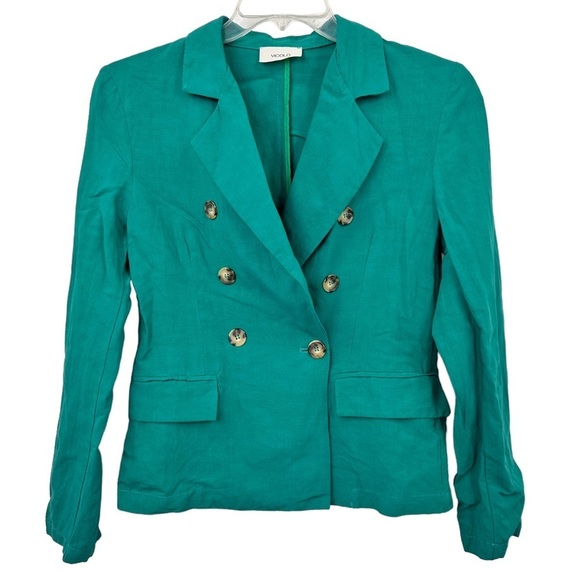Vicolo Linen Blend Double Breasted Blazer Lightweight Teal Green Unlined Sz L - Picture 1 of 7